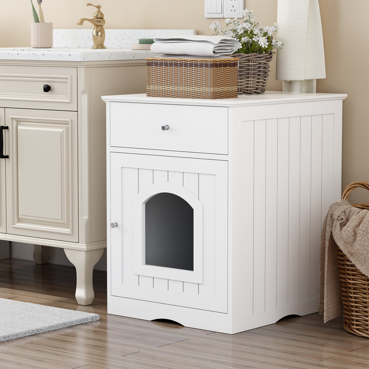 Wooden Pet House Cat Litter Box Enclosure with Drawer Side Table