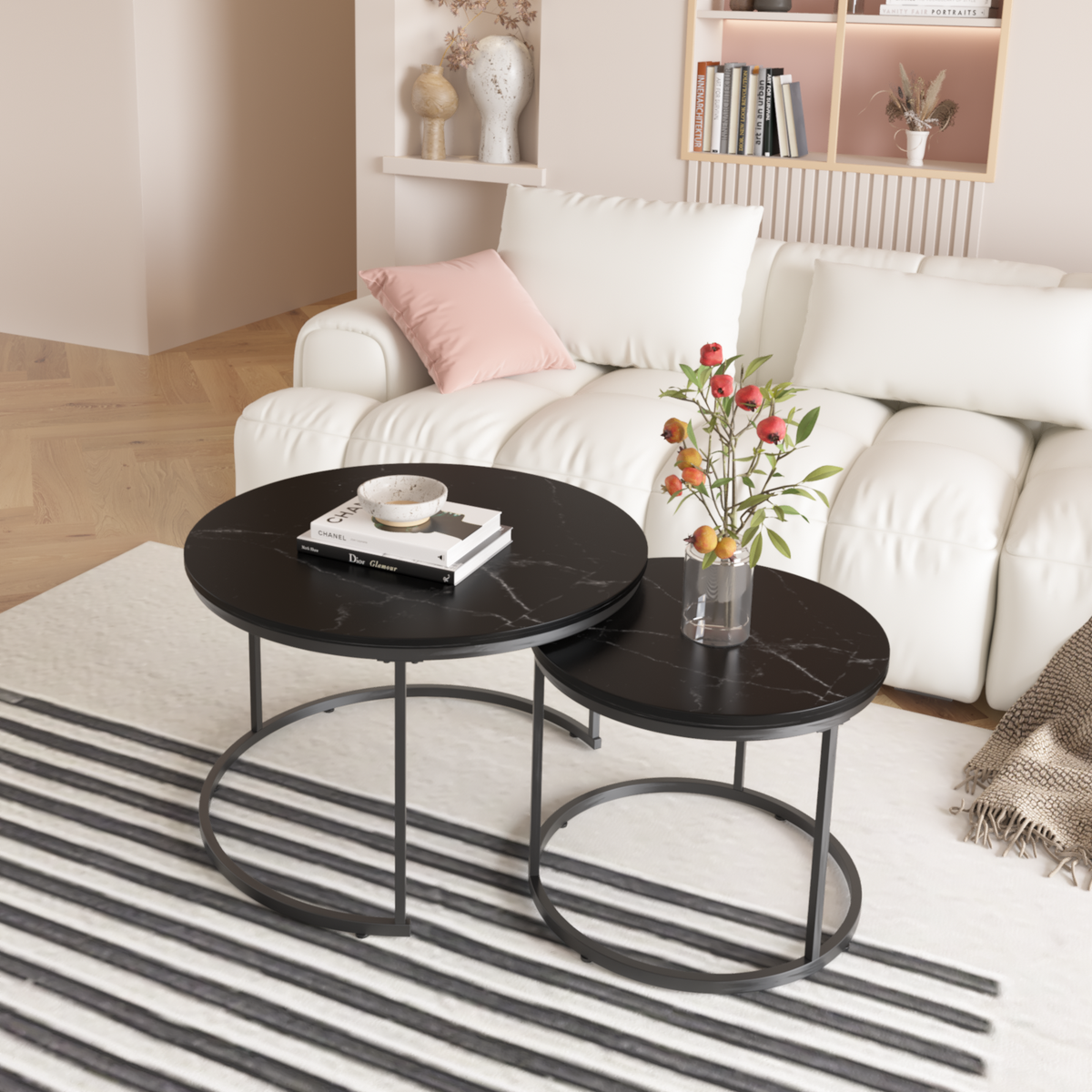 27.6" Nesting Coffee Table Set of 2, Round Coffee Table Wood