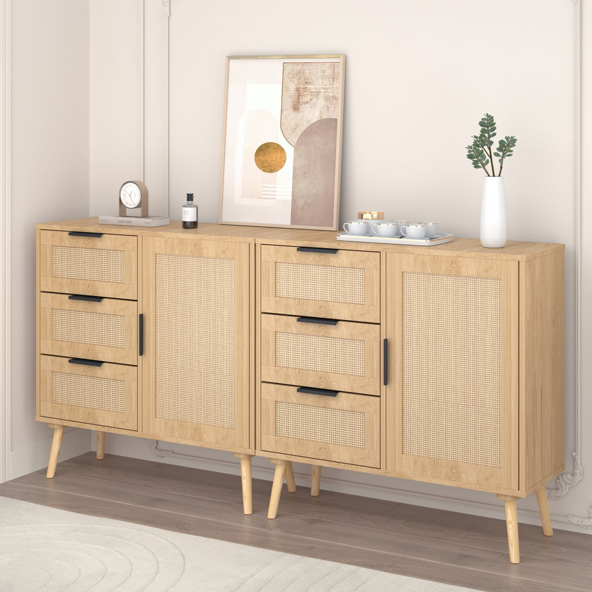 Solid Wood Rattan Rustic Vintage Accent Cabinet Distressed Wood Sideboard with 4 Drawer