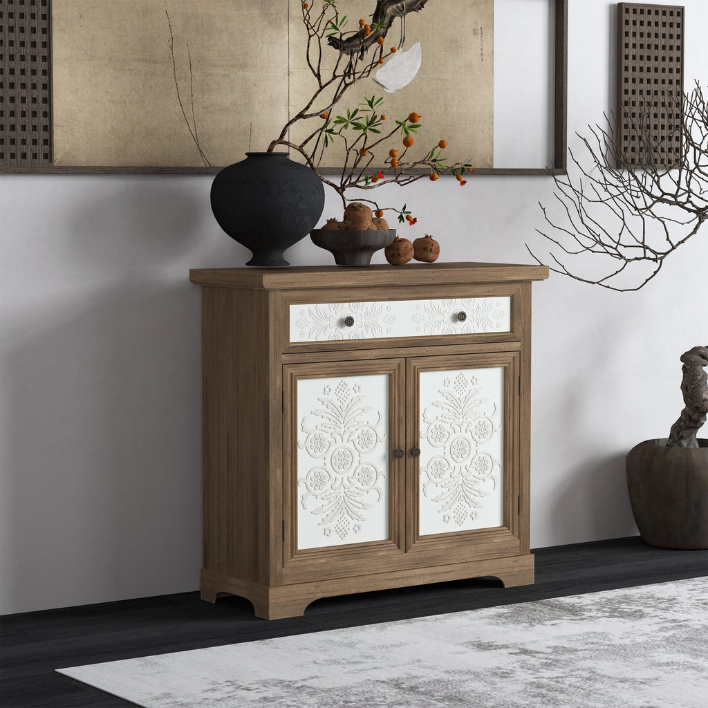 Solid Wood Rustic Vintage Accent Cabinet with Carved Floral Panel