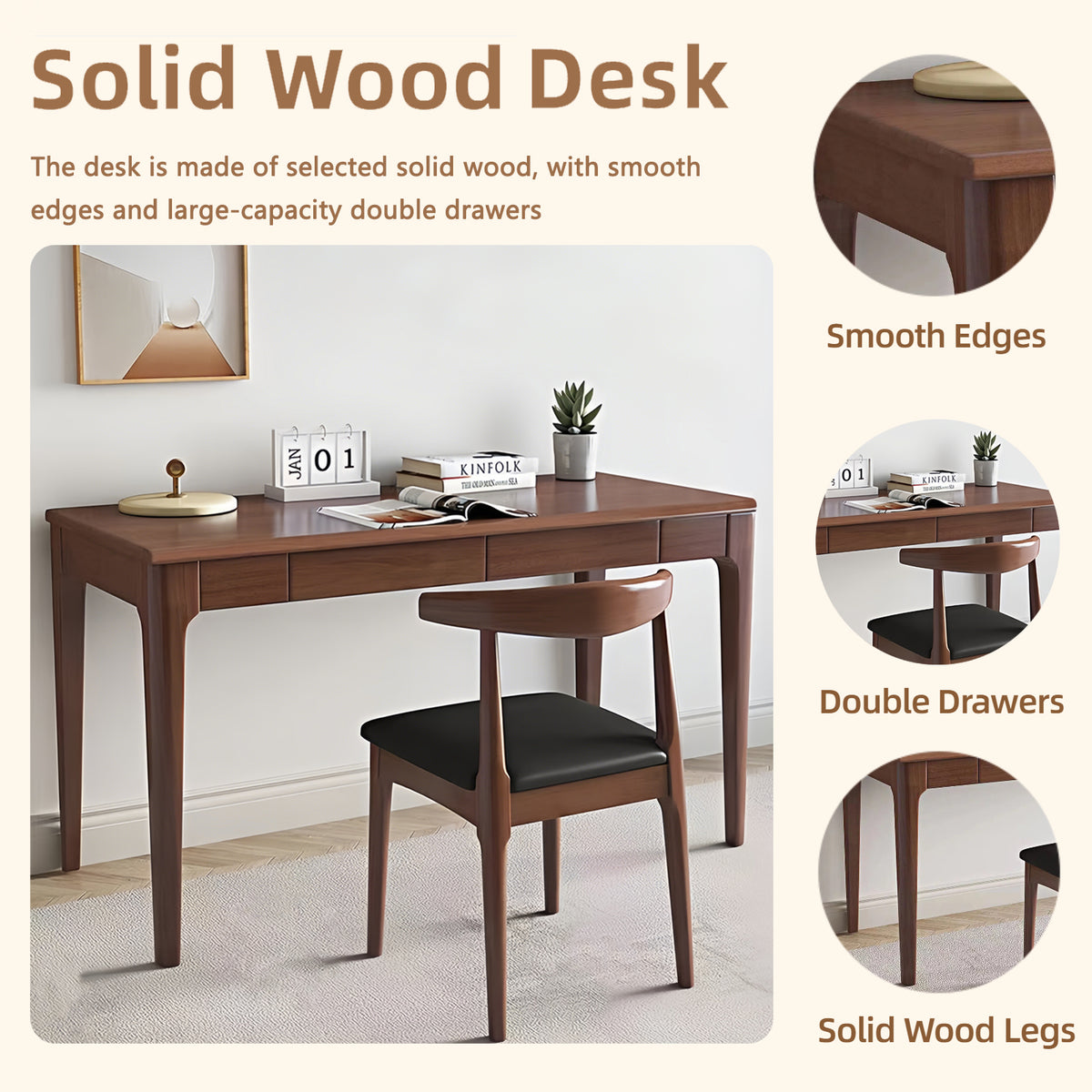 Solid Wood Desk with 2 Drawers,Home Office Desk for Small Spaces