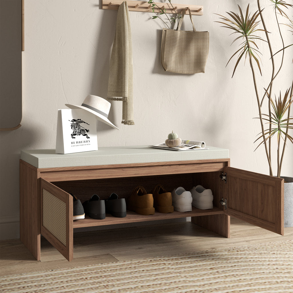 PP Rattan Storage Bench with Cushion,Shoe Cabinet with 2 Doors
