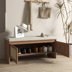 PP Rattan Storage Bench with Cushion,Shoe Cabinet with 2 Doors