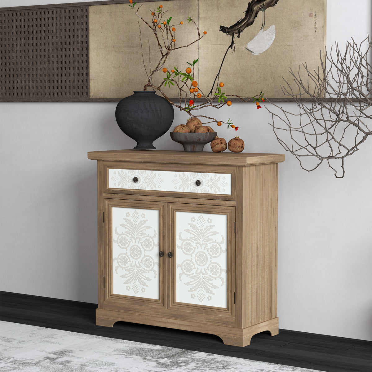 Solid Wood Rustic Vintage Accent Cabinet with Carved Floral Panel