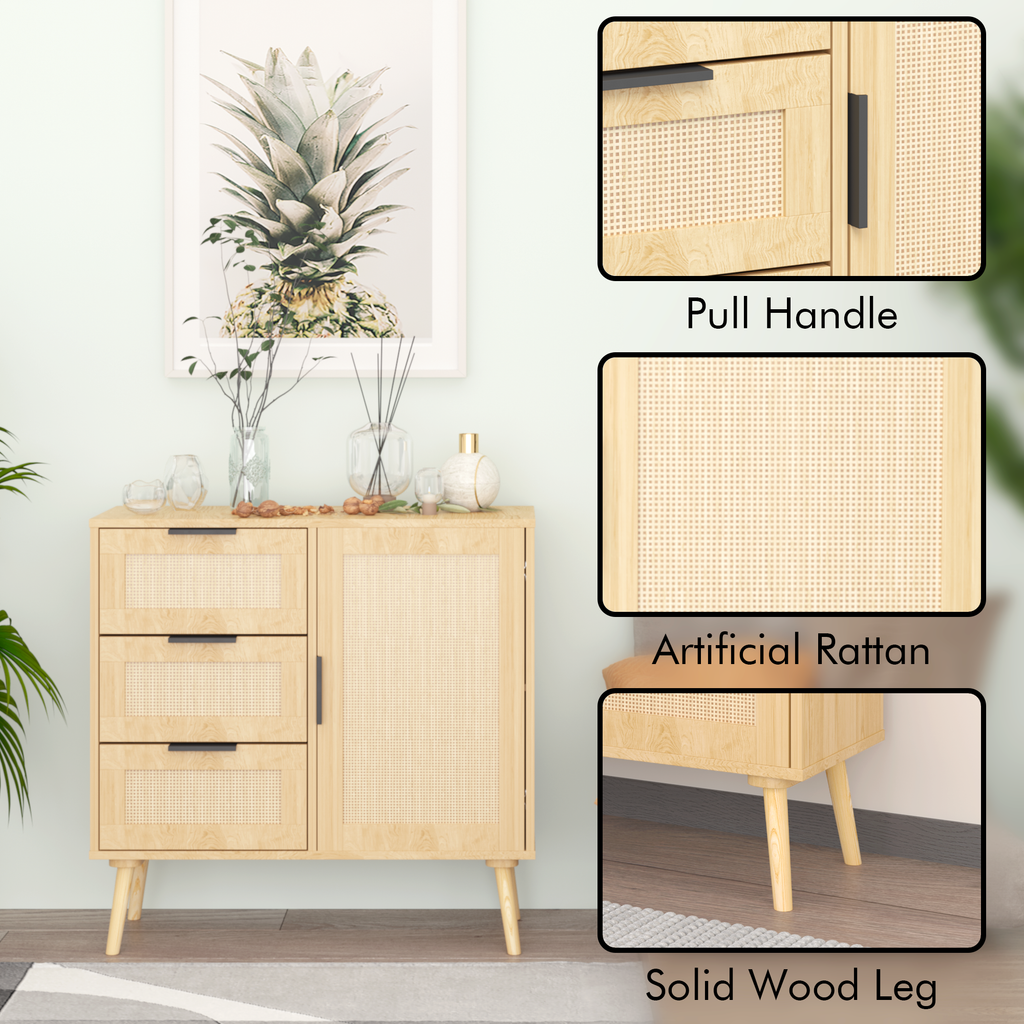 Solid Wood Rattan Rustic Vintage Accent Cabinet Distressed Wood Sideboard with 4 Drawer