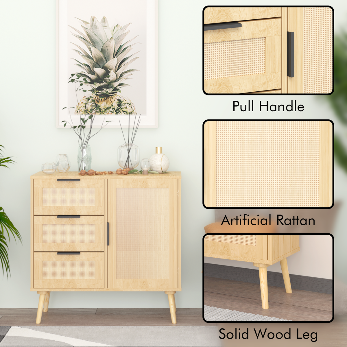 Solid Wood Rattan Rustic Vintage Accent Cabinet Distressed Wood Sideboard with 4 Drawer