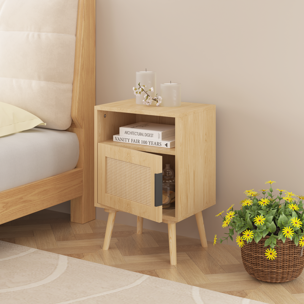 Rattan Nightstand, Side End Table with Door and Solid Wood Legs,Oak