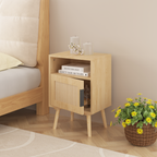 Rattan Nightstand, Side End Table with Door and Solid Wood Legs,Oak