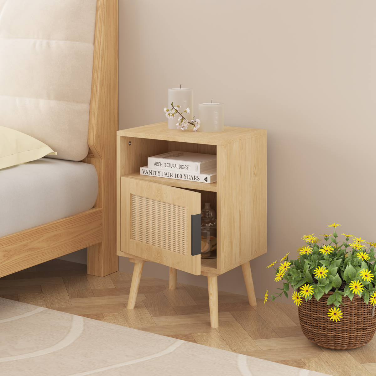 Rattan Nightstand, Side End Table with Door and Solid Wood Legs,Oak