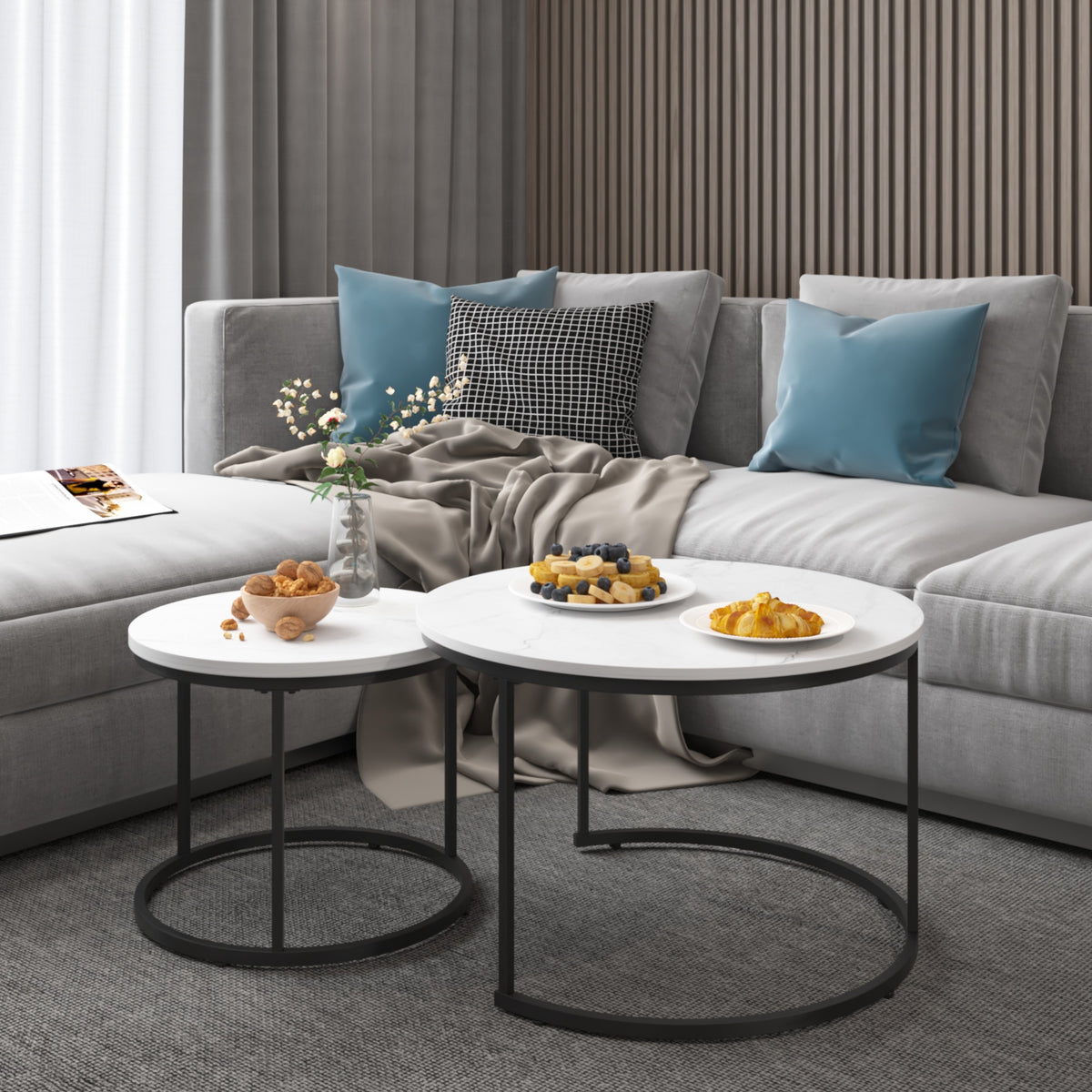 27.6" Nesting Coffee Table Set of 2, Round Coffee Table Wood