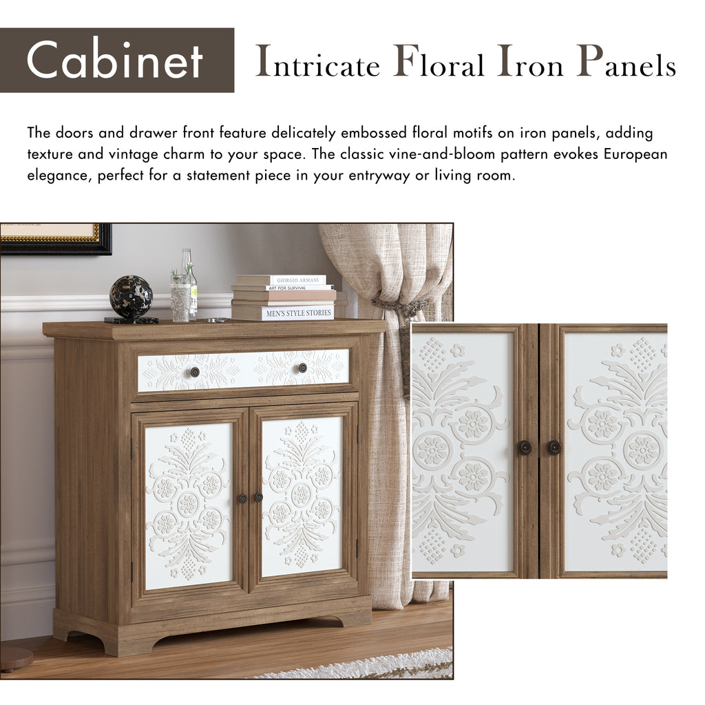 Solid Wood Rustic Vintage Accent Cabinet with Carved Floral Panel