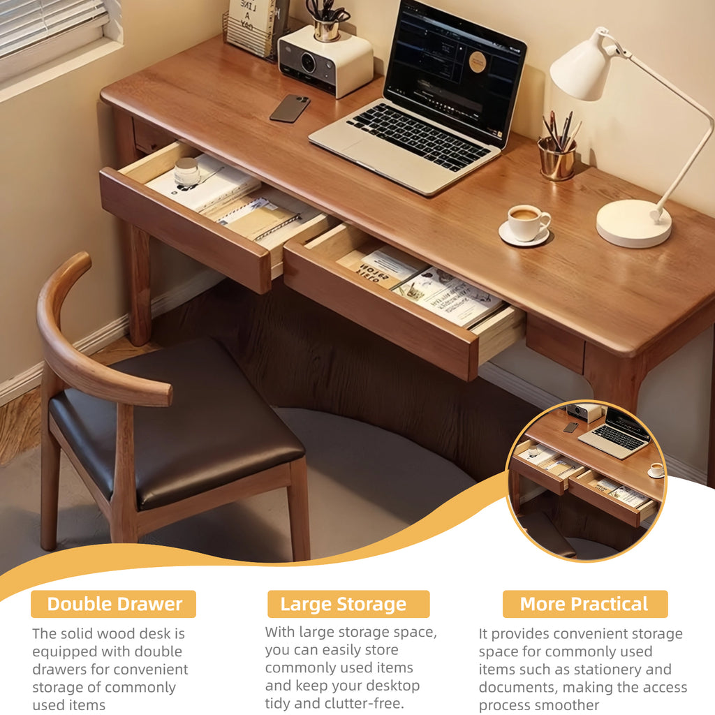 Solid Wood Desk with 2 Drawers,Home Office Desk for Small Spaces