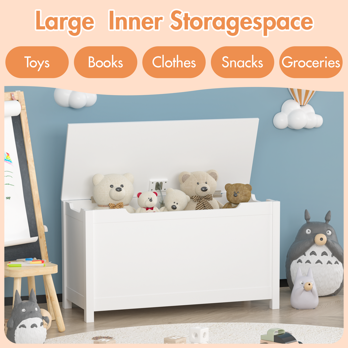 Wooden Toy Box Storage Organizer with Safety Hinged Lid