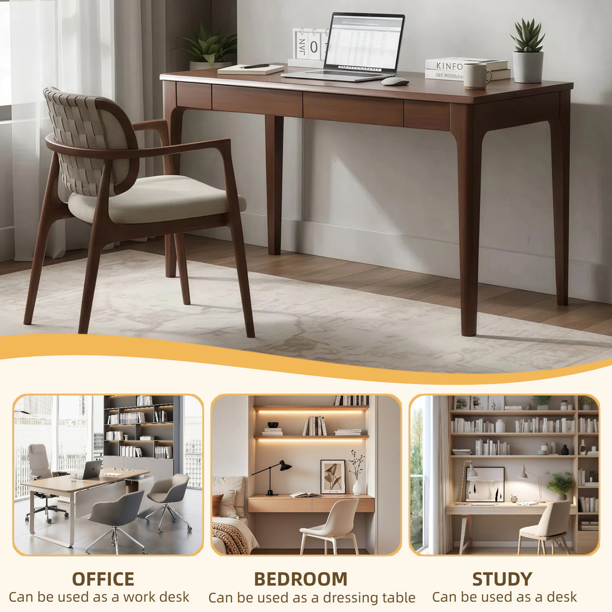 Solid Wood Desk with 2 Drawers,Home Office Desk for Small Spaces