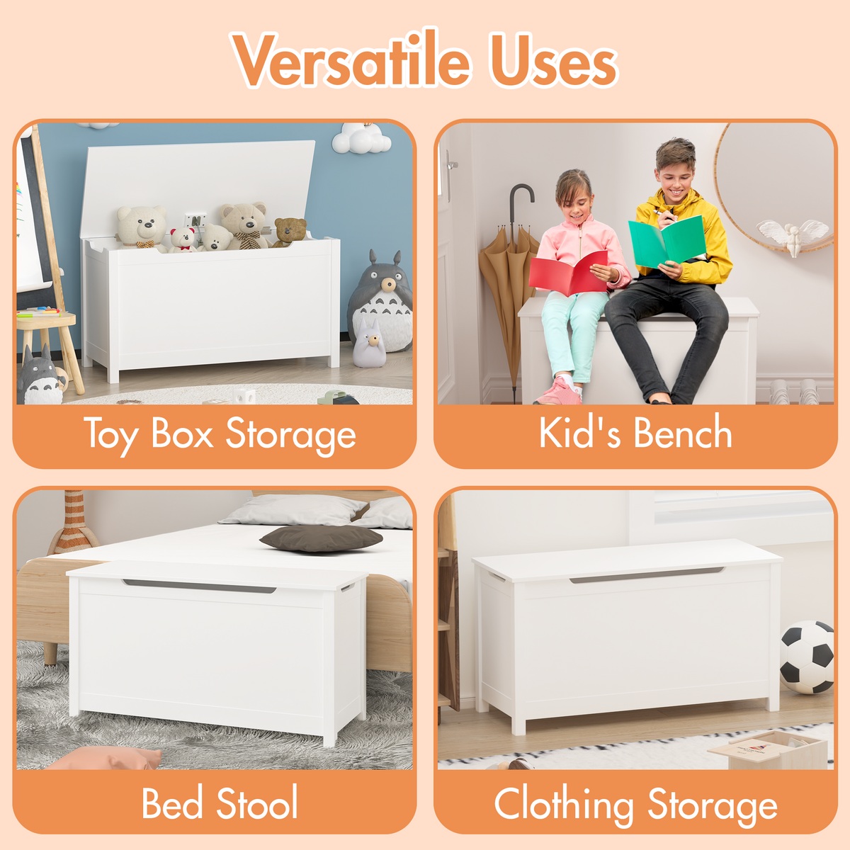 Wooden Toy Box Storage Organizer with Safety Hinged Lid