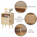 Rattan Nightstand, Side End Table with Door and Solid Wood Legs,Oak