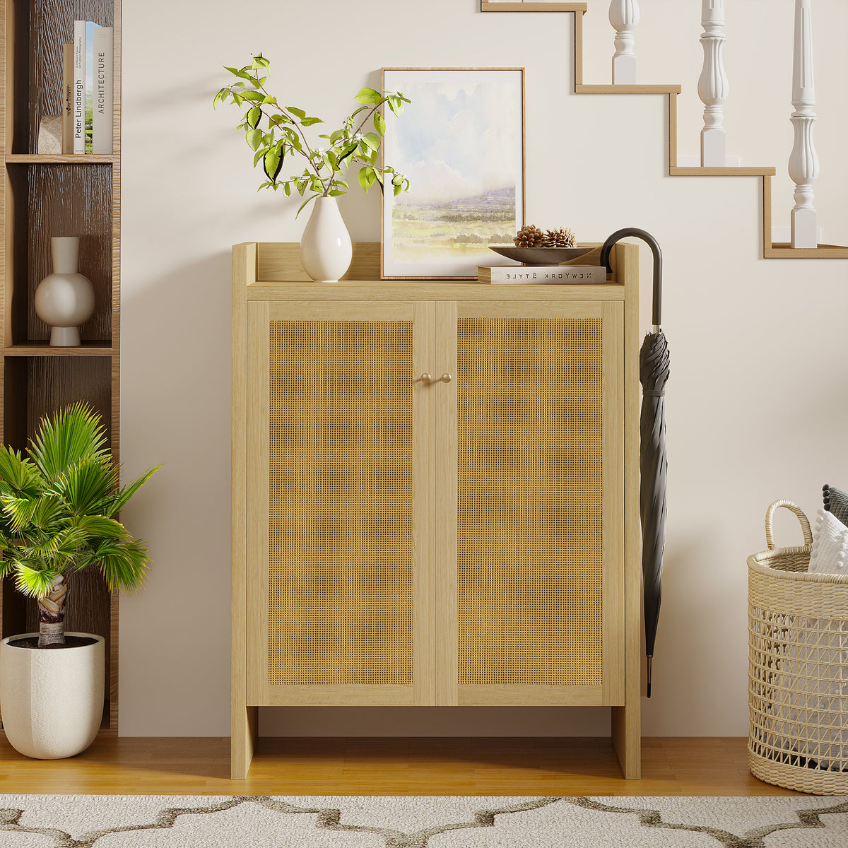 42.5" Rattan Shoe Cabinet with Door,6-Tier with Adjustable Shelve