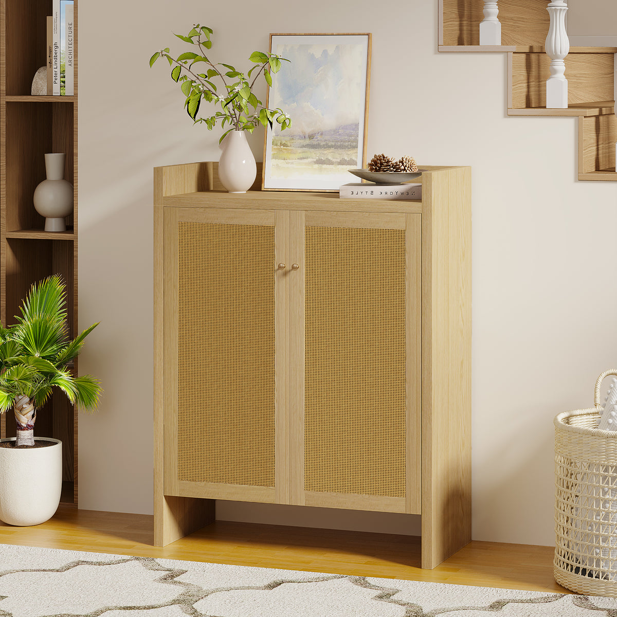 42.5" Rattan Shoe Cabinet with Door,6-Tier with Adjustable Shelve