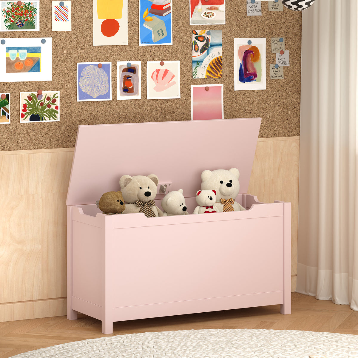 Wooden Toy Box Storage Organizer with Safety Hinged Lid
