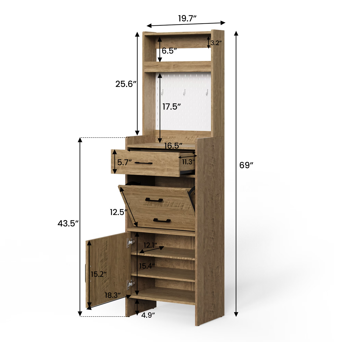 5-in-1 Entryway Shoe Cabinet Storage with Flip Drawer Pegboard