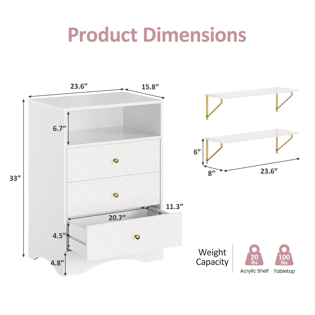 3 Dresser with Drawers & Floating Shelves with Open Storage