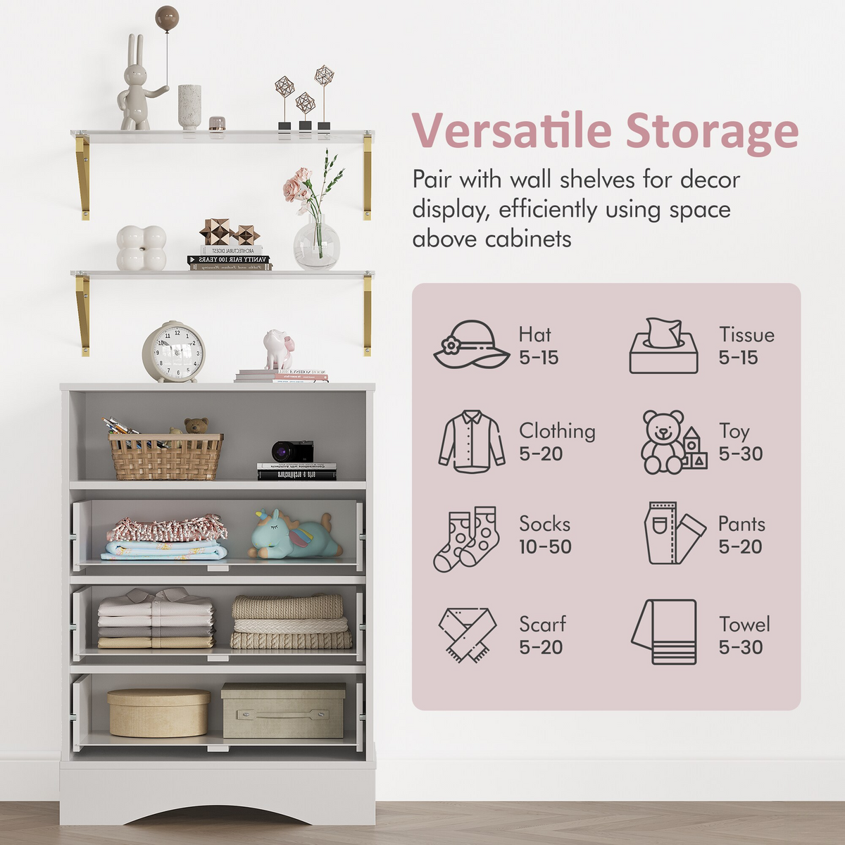 3 Dresser with Drawers & Floating Shelves with Open Storage