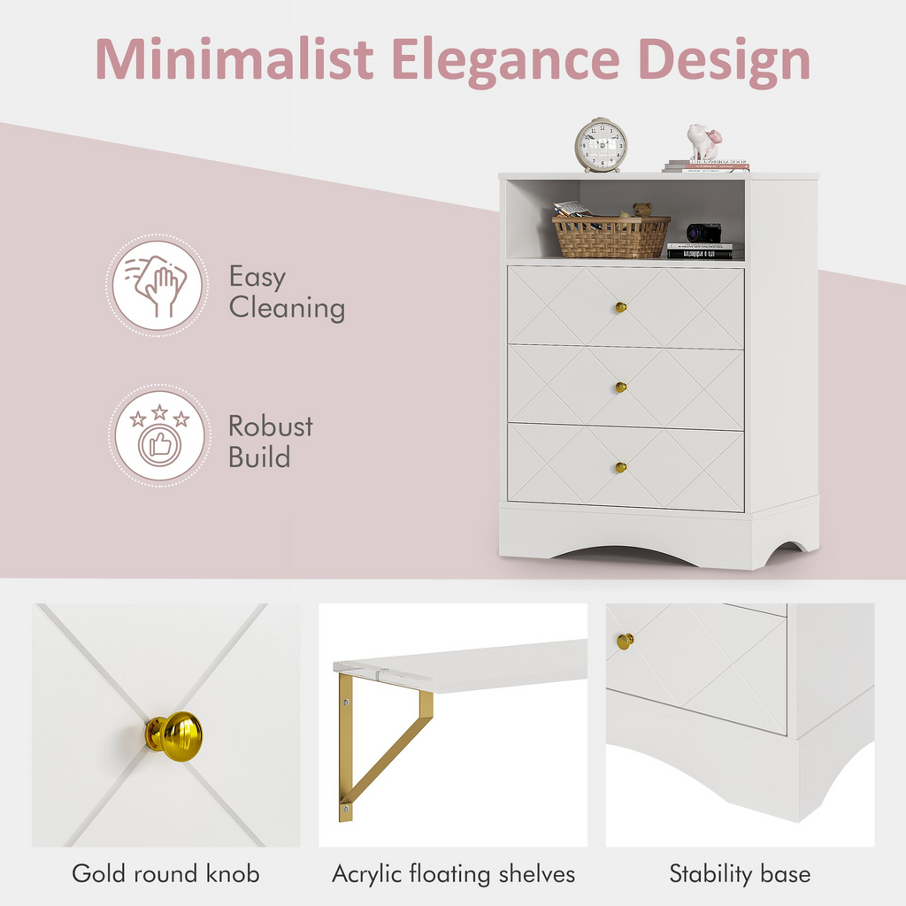 3 Dresser with Drawers & Floating Shelves with Open Storage