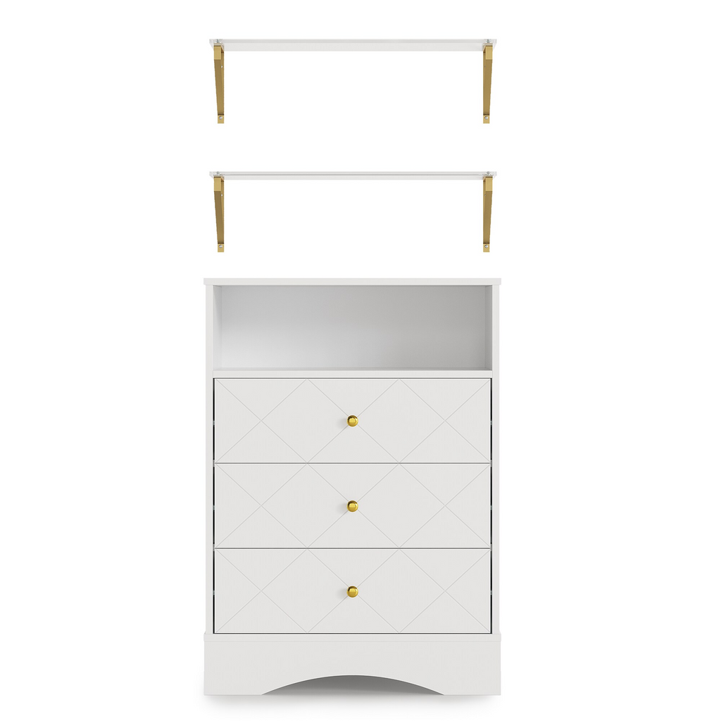 3 Dresser with Drawers & Floating Shelves with Open Storage