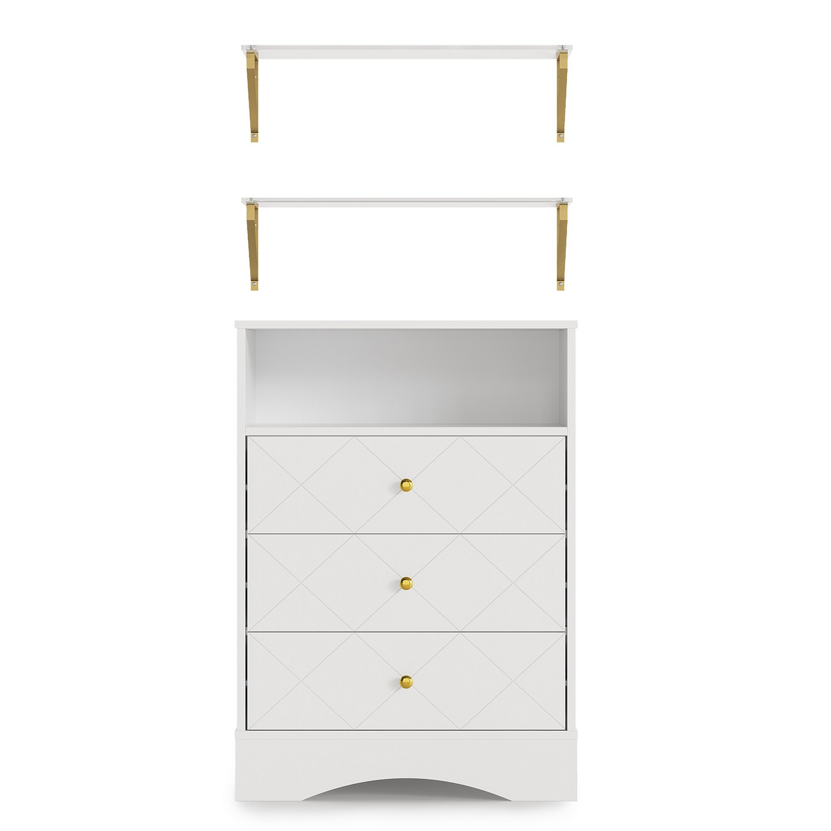 3 Dresser with Drawers & Floating Shelves with Open Storage