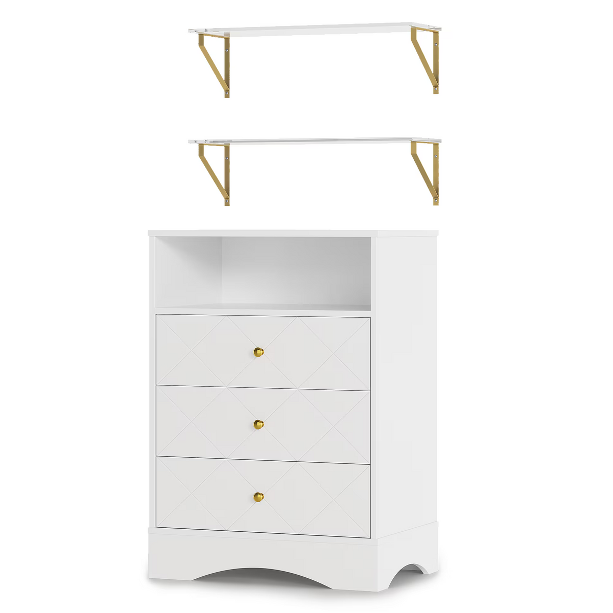 3 Dresser with Drawers & Floating Shelves with Open Storage
