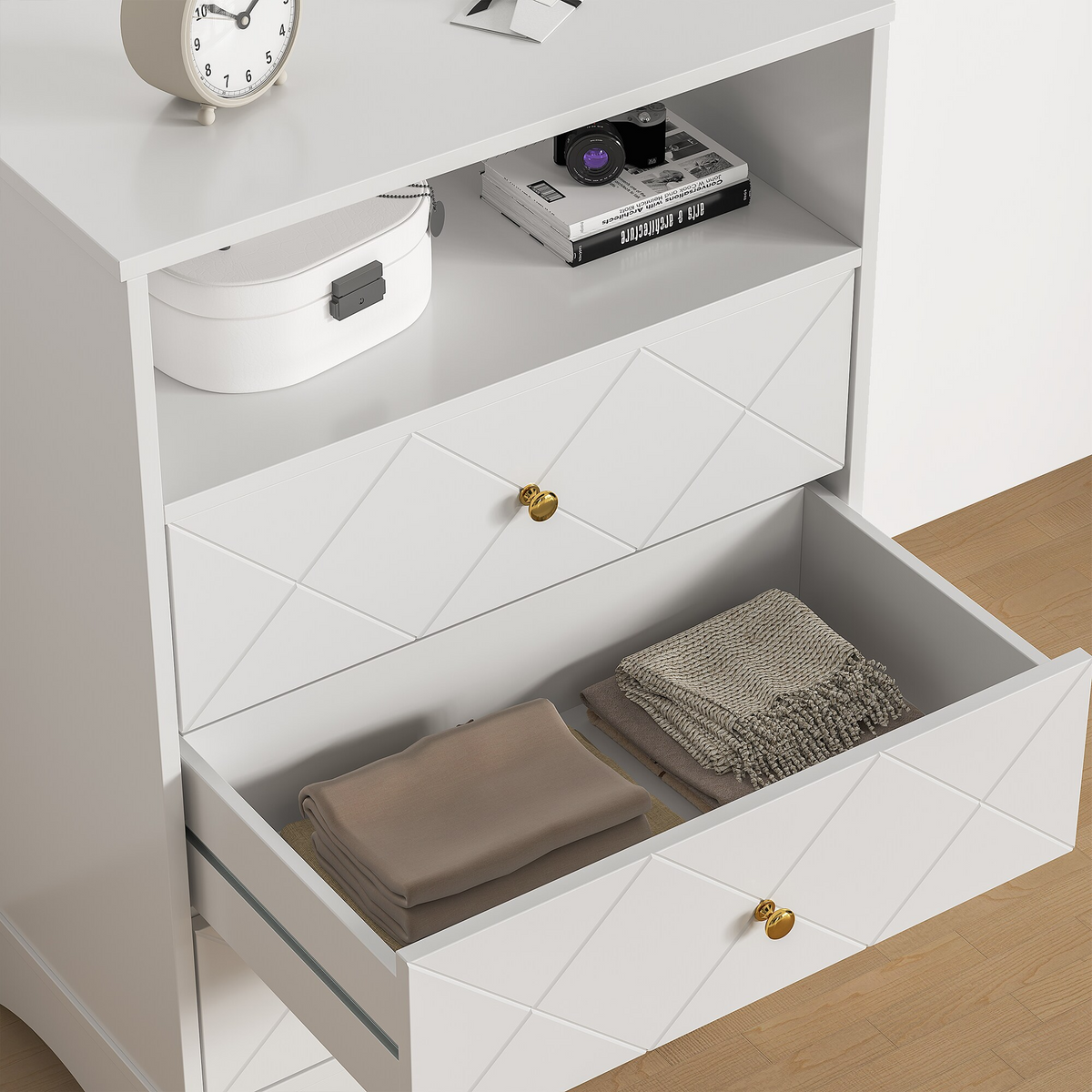 3 Dresser with Drawers & Floating Shelves with Open Storage