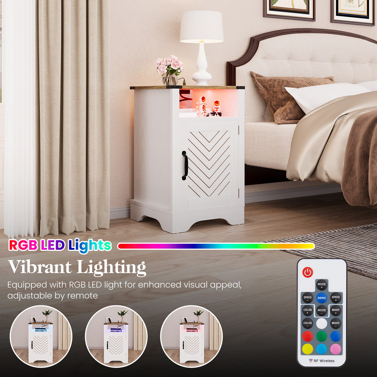 LED Lights Farmhouse Wooden End Table with Charging Station