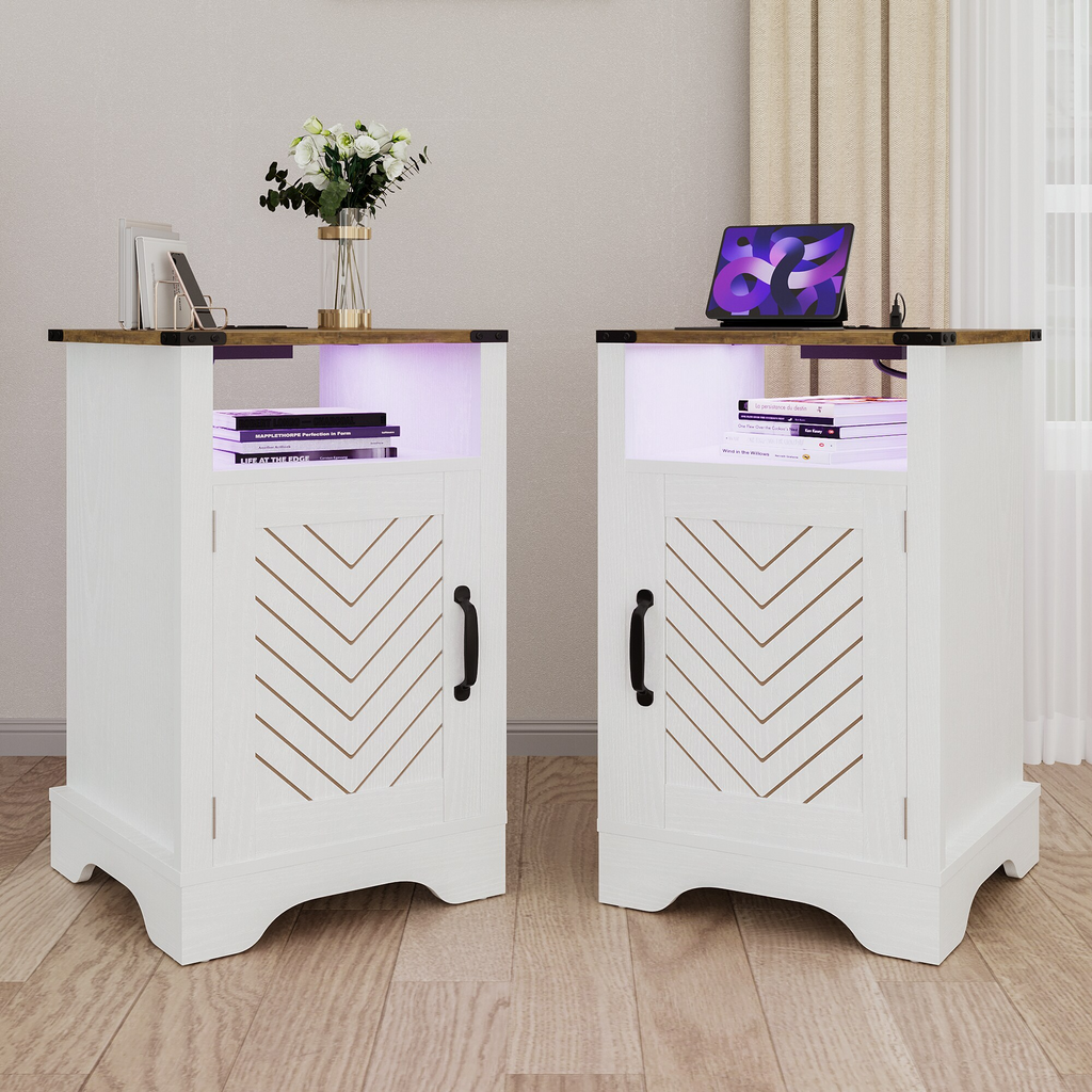 LED Lights Farmhouse Wooden End Table with Charging Station
