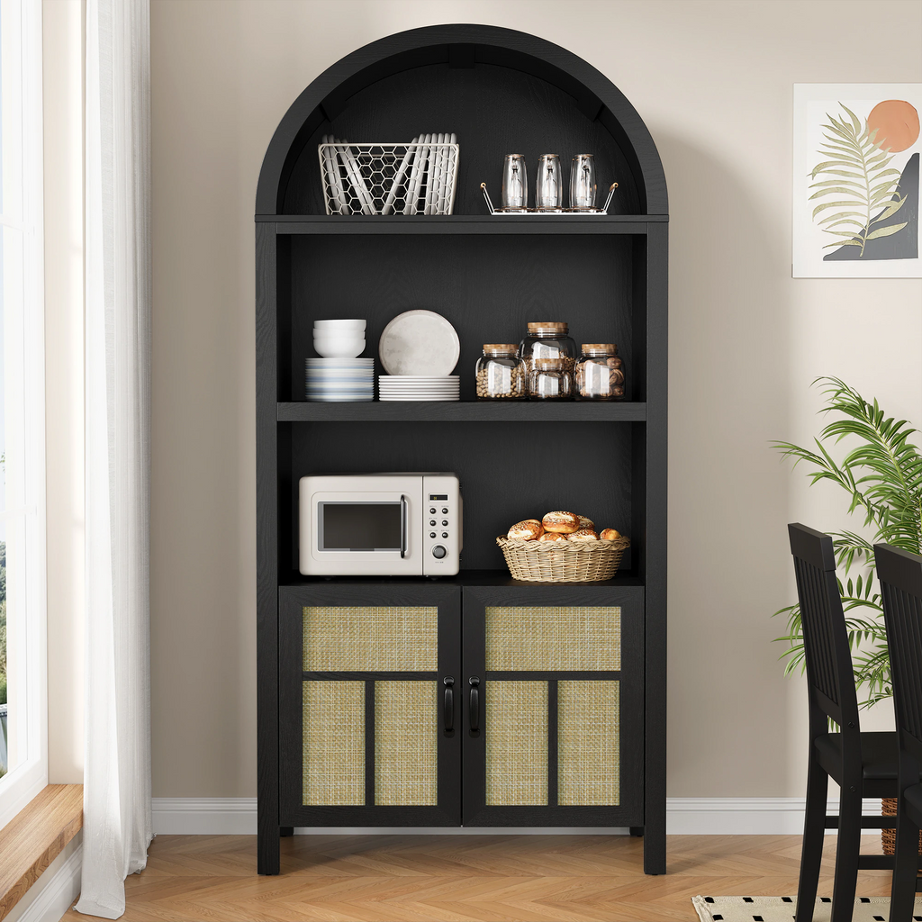 70'' Boho Rattan Arched Storage Cabinet with Adjustable Shelves, Black