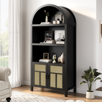 70'' Boho Rattan Arched Storage Cabinet with Adjustable Shelves, Black