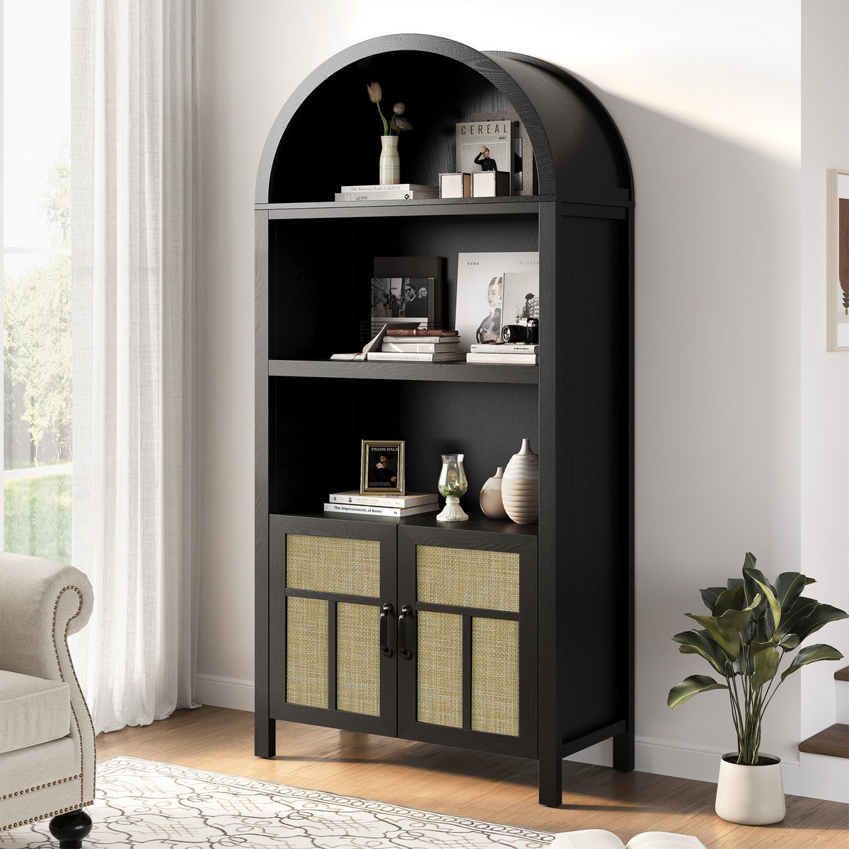70'' Boho Rattan Arched Storage Cabinet with Adjustable Shelves, Black