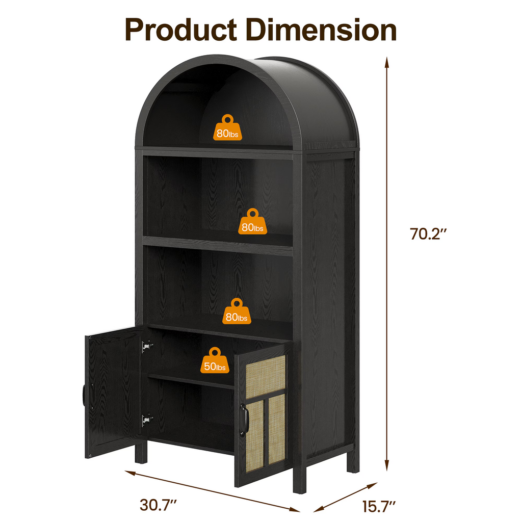 70'' Boho Rattan Arched Storage Cabinet with Adjustable Shelves, Black