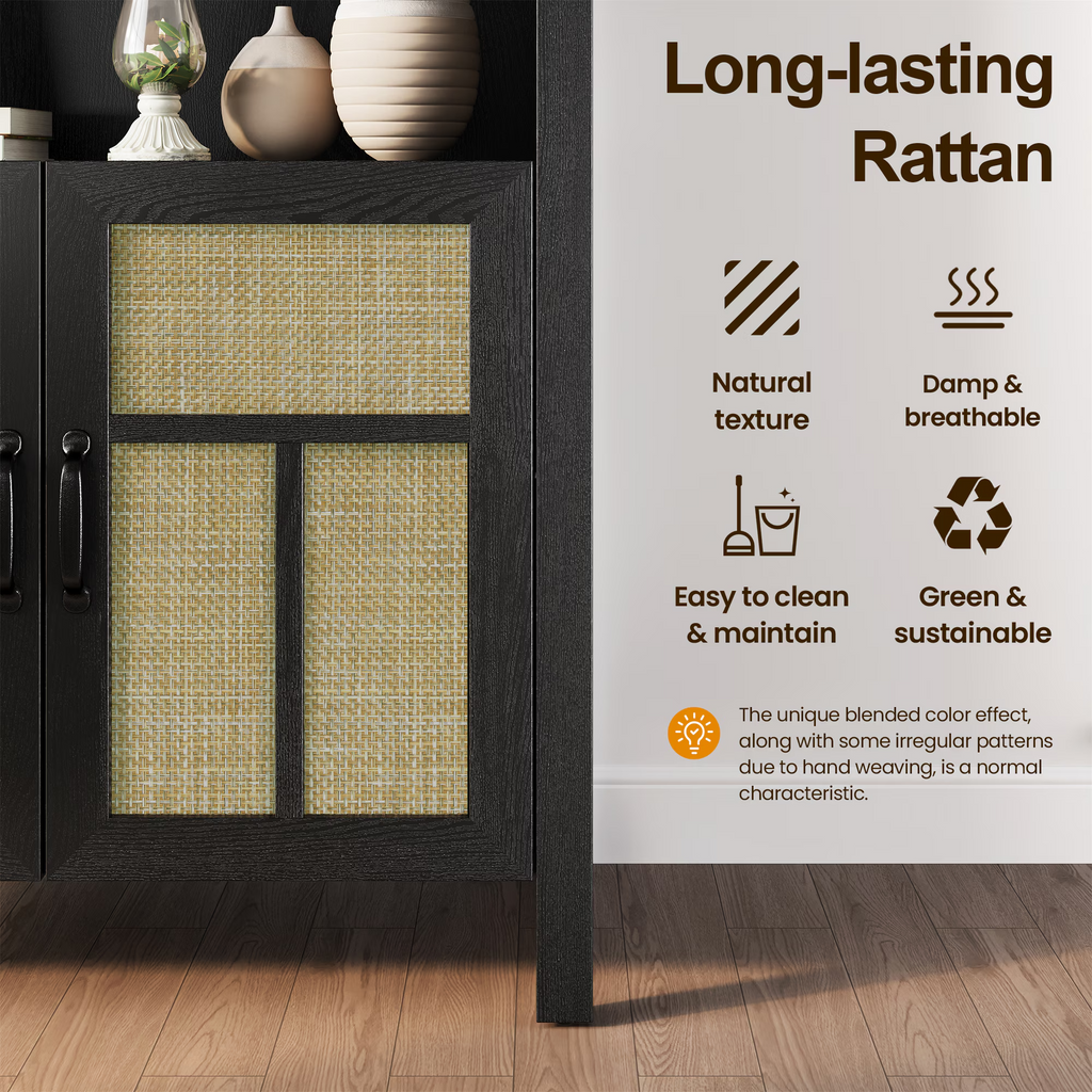 70'' Boho Rattan Arched Storage Cabinet with Adjustable Shelves, Black