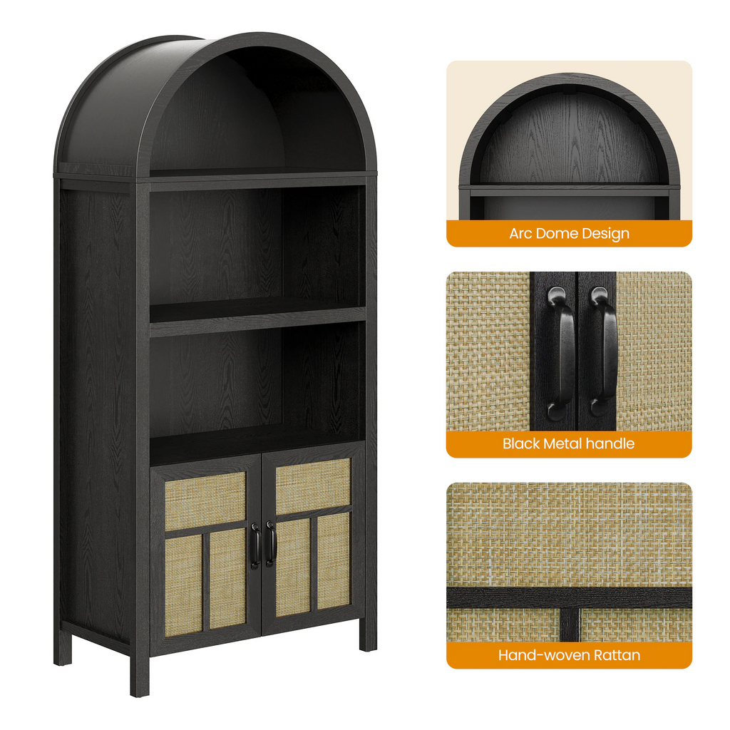 70'' Boho Rattan Arched Storage Cabinet with Adjustable Shelves, Black
