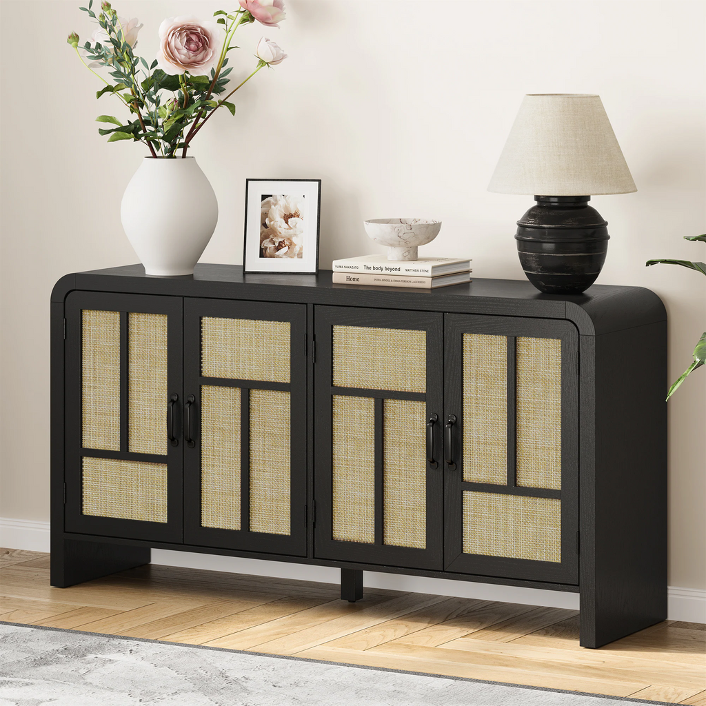 59'' Boho Rattan Sideboard Buffet Cabinet with Storage 4 Doors