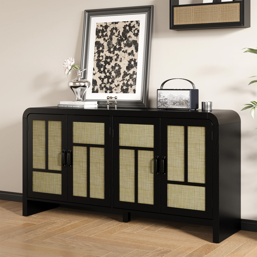 59'' Boho Rattan Sideboard Buffet Cabinet with Storage 4 Doors