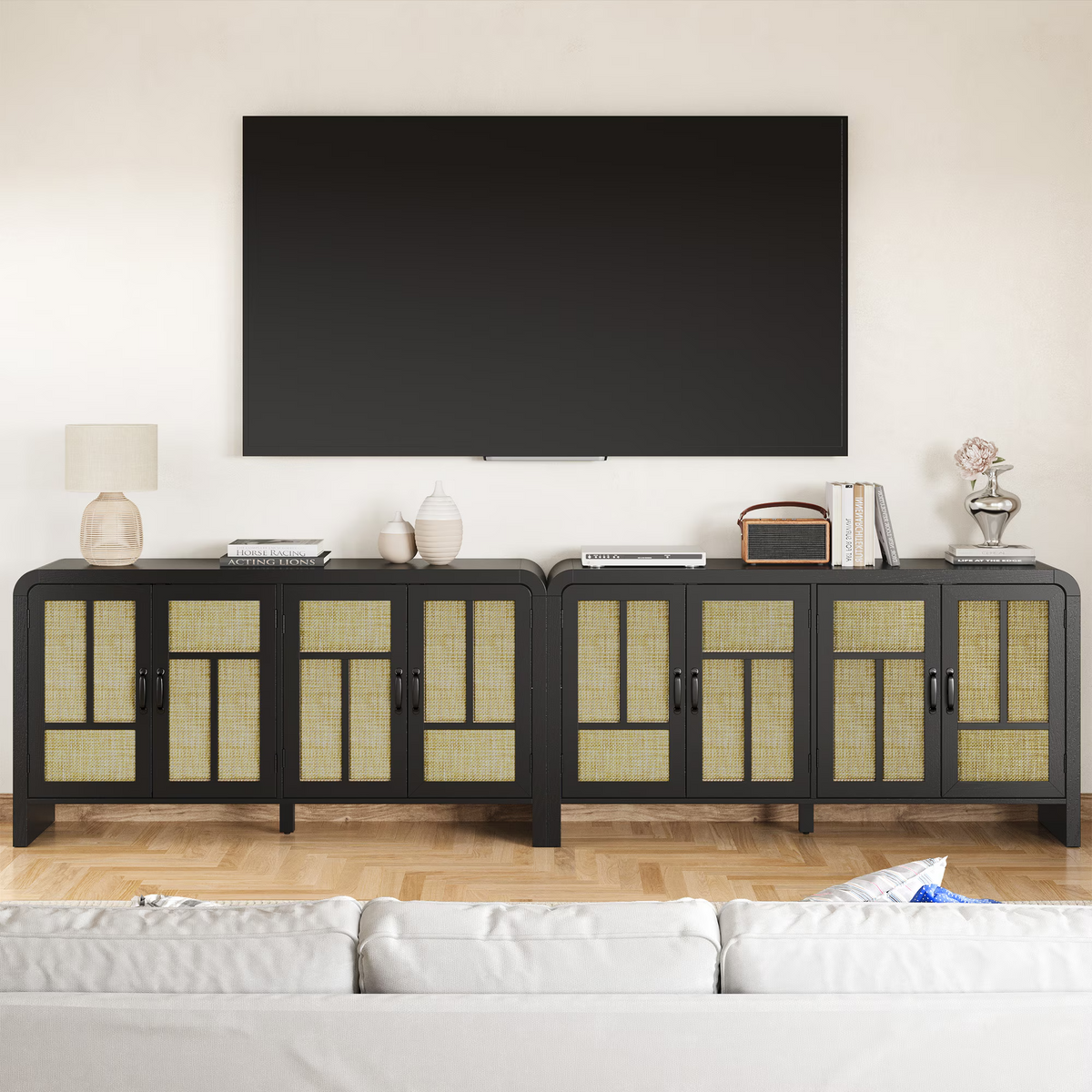 59'' Boho Rattan Sideboard Buffet Cabinet with Storage 4 Doors