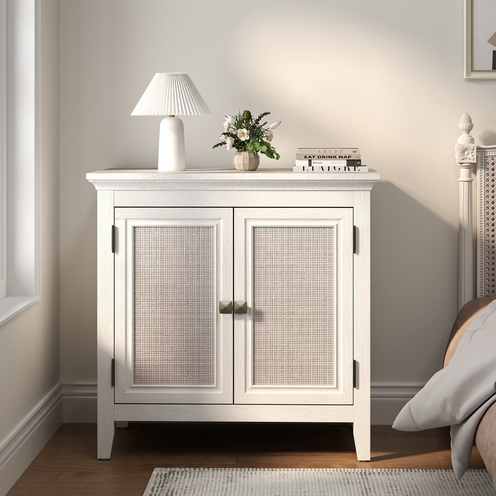 Storage Buffet Cabinet with Rattan Doors Adjustable Shelf,Beige