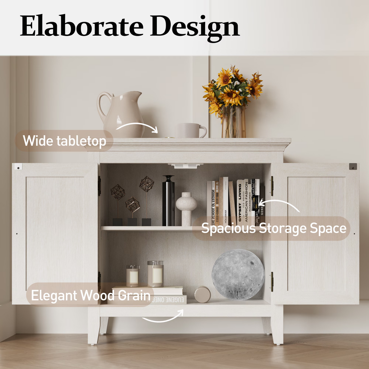 Storage Buffet Cabinet with Rattan Doors Adjustable Shelf,Beige