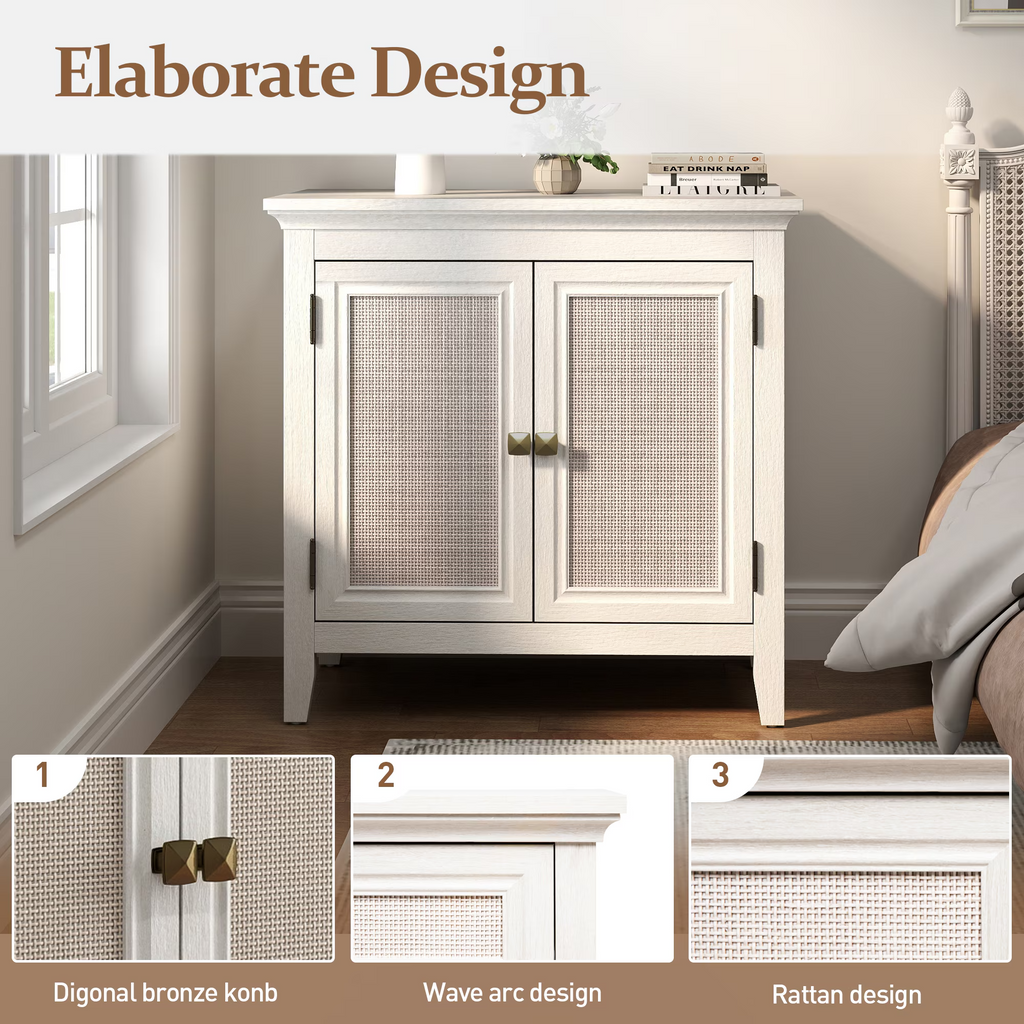 Storage Buffet Cabinet with Rattan Doors Adjustable Shelf,Beige