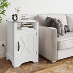 Farmhouse Wooden Nightstand End Table with Charging Station