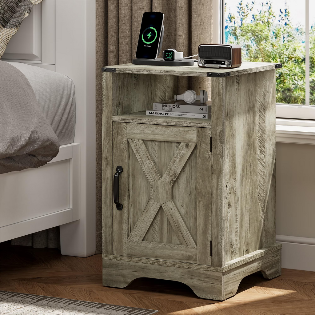 Farmhouse Wooden Nightstand End Table with Charging Station