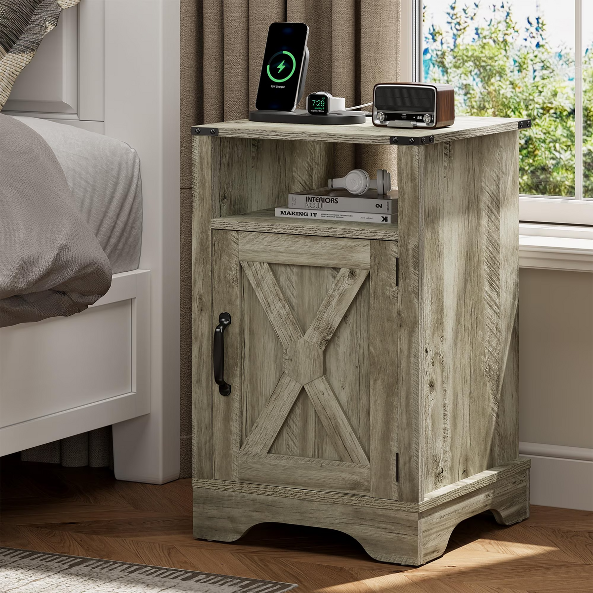 Farmhouse Wooden Nightstand End Table with Charging Station