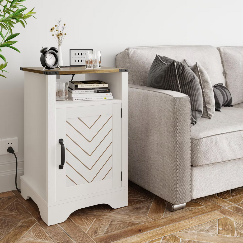 Farmhouse Wooden Nightstand End Table with Charging Station