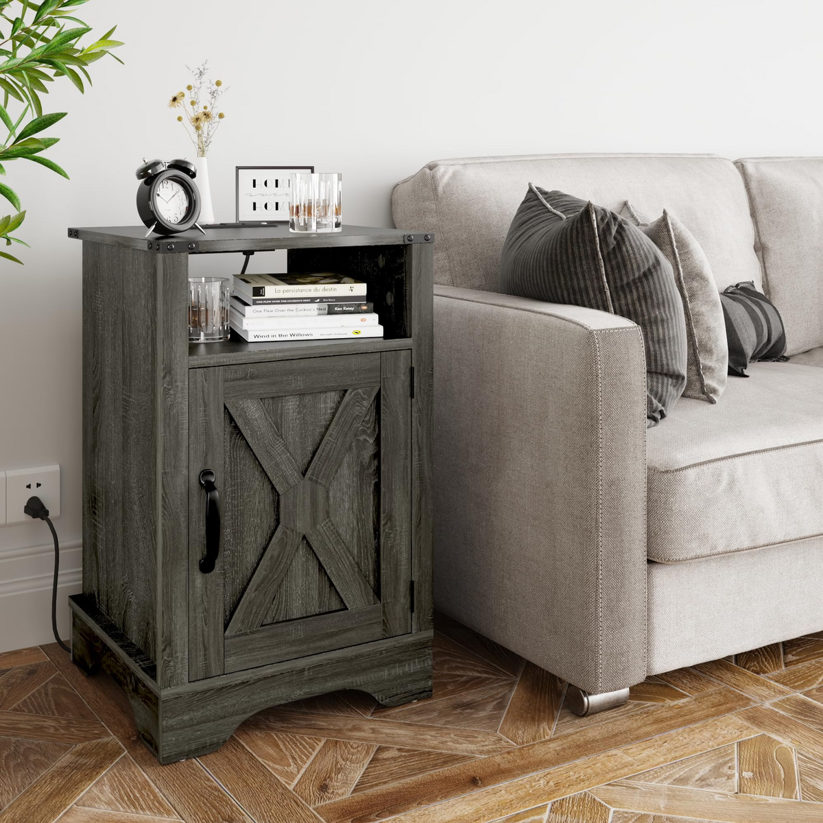 Farmhouse Wooden Nightstand End Table with Charging Station